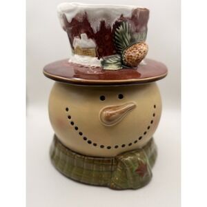 Kirklands Primitive Smiling Snowman Earthenware Cookie Jar Top Hat Brown/Beige